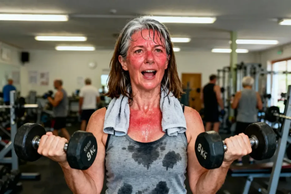 Femme d'âge moyen effectuant des curls biceps avec haltères, en sueur et concentrée dans une salle de sport locale