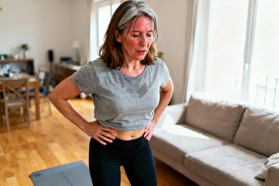 Femme de 52 ans avec cheveux bruns et gris faisant des exercices abdominaux debout, en sueur et concentrée