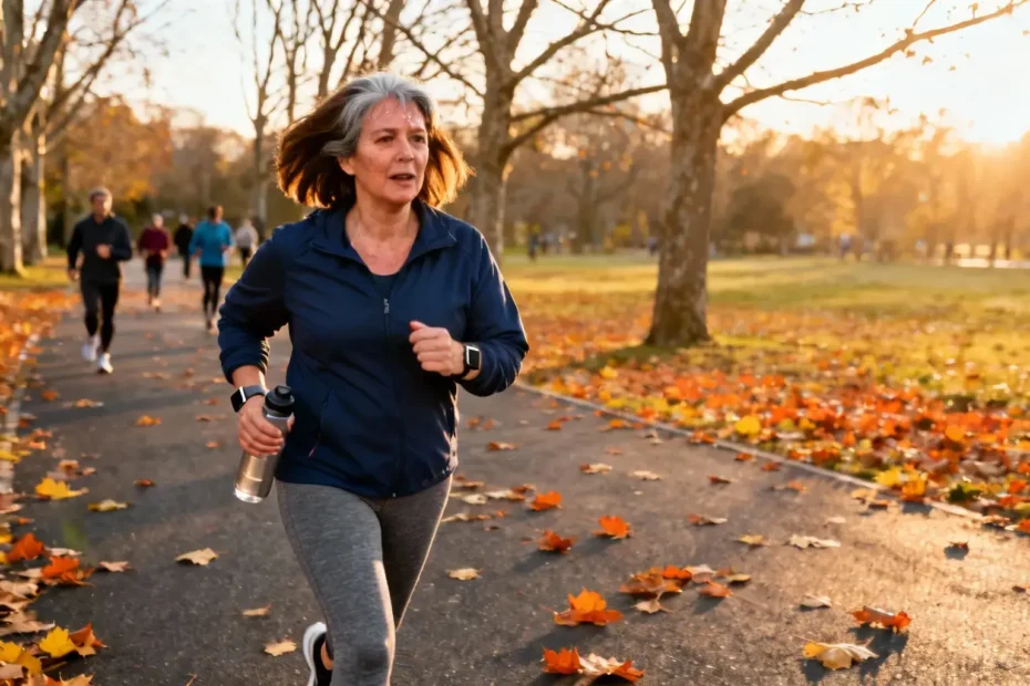 Femme de 48 ans marchant rapidement sur un chemin de parc automnal, vêtue d'une veste bleu marine et de leggings gris