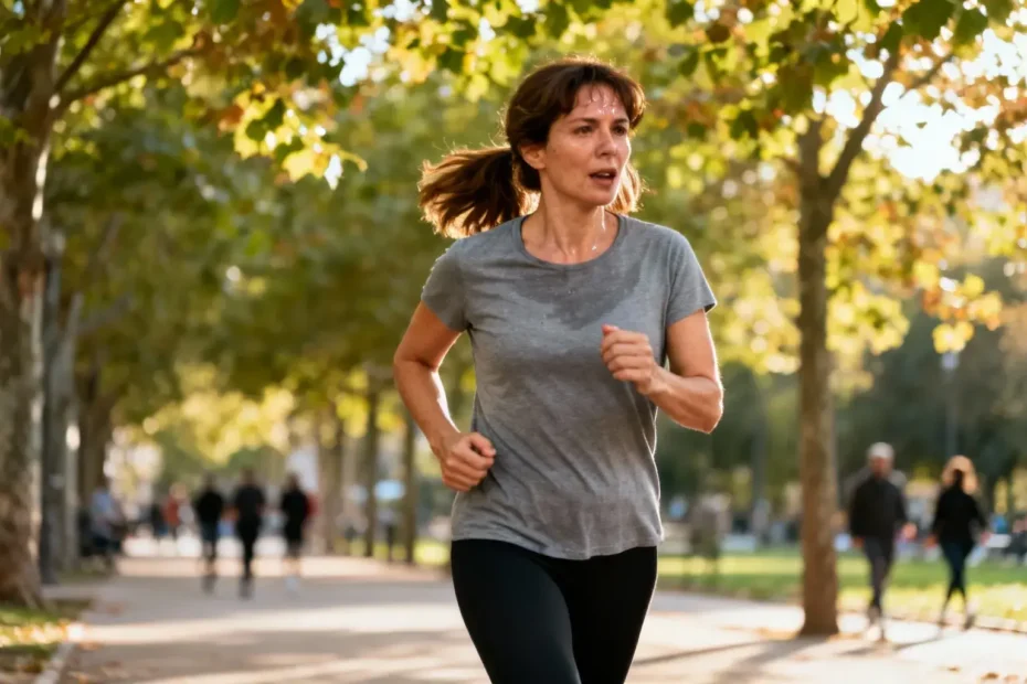 Femme marchant à vive allure dans un parc pour réduire son anxiété, concentration visible et respiration contrôlée