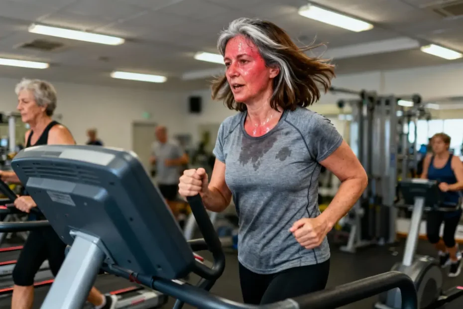 Femme mûre en sueur marchant rapidement sur un tapis roulant dans une salle de sport communautaire