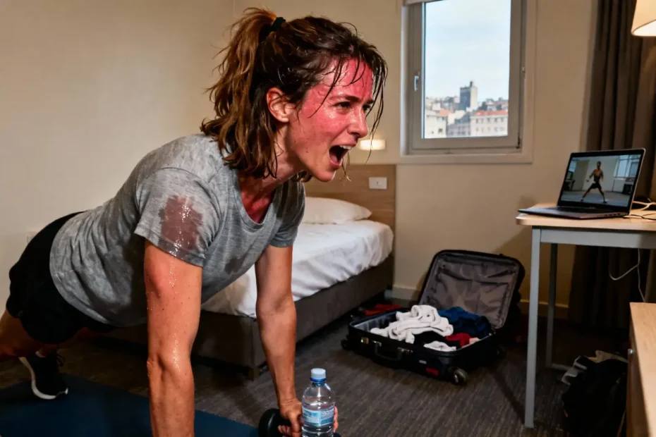 Femme de 32 ans en sueur réalisant des exercices au poids du corps dans une petite chambre d'hôtel lors d'un voyage