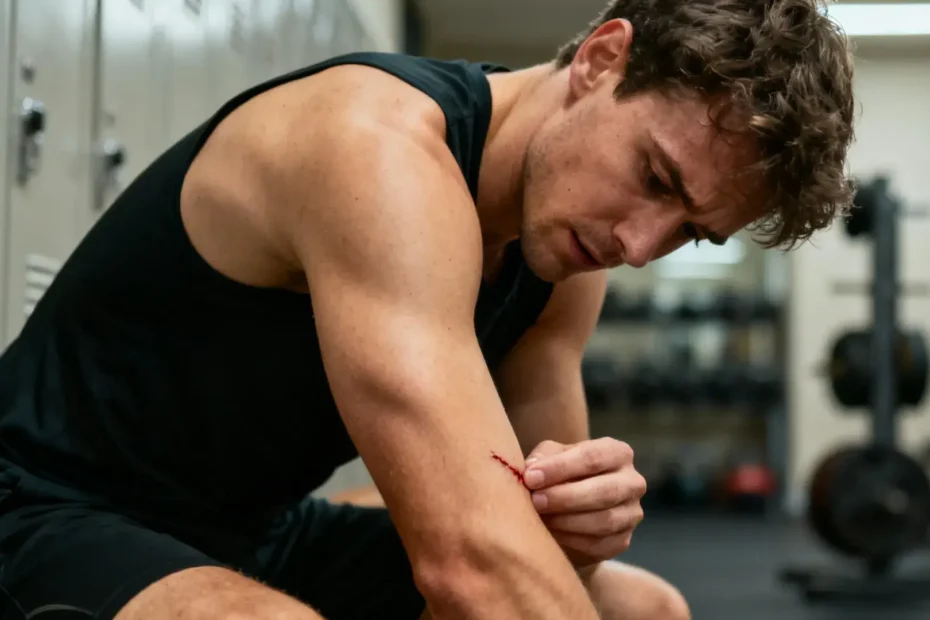Athlète européen examinant attentivement une petite coupure sur son bras dans un vestiaire de salle de sport