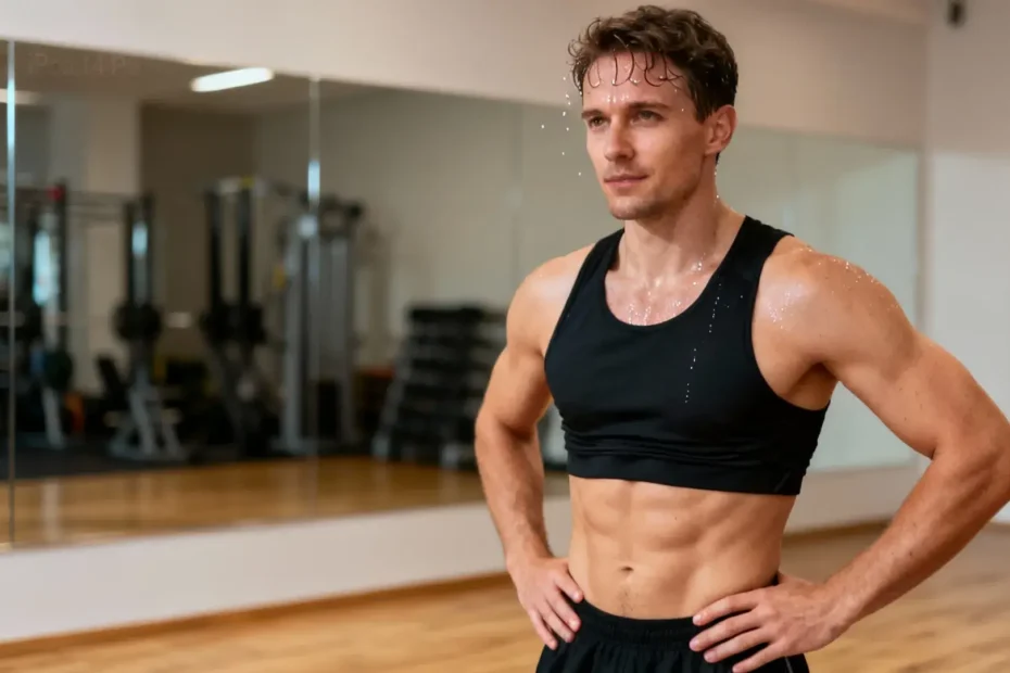 Coach sportif professionnel montrant un exercice pour les abdominaux en position debout dans une salle de sport moderne