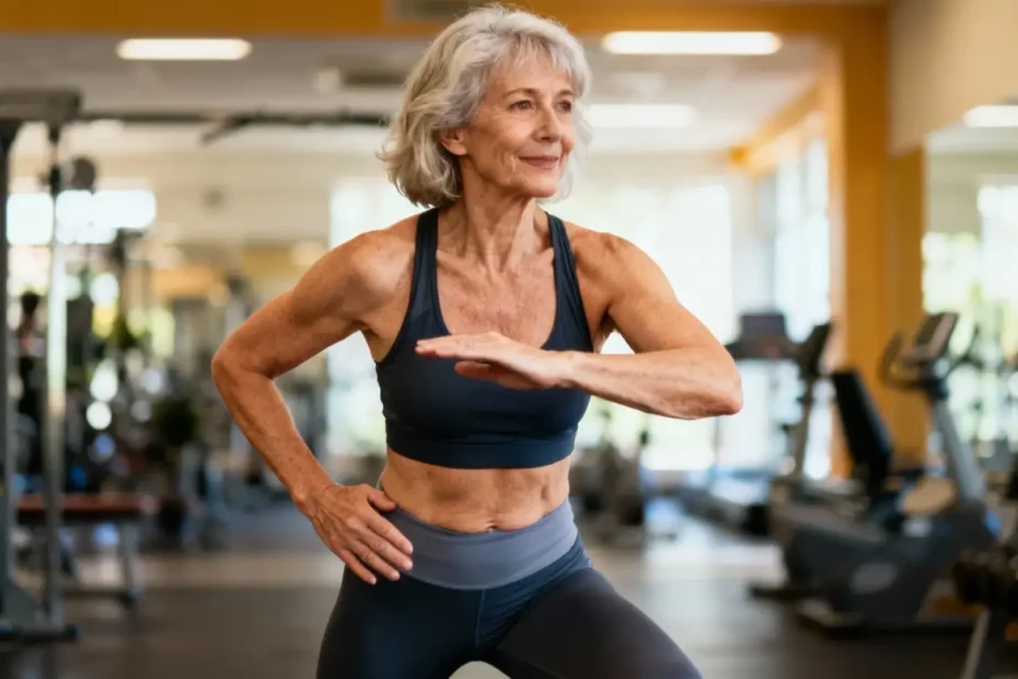Femme souriante et confiante de 50 ans en tenue de sport lors d'un entraînement hybride dans une salle lumineuse