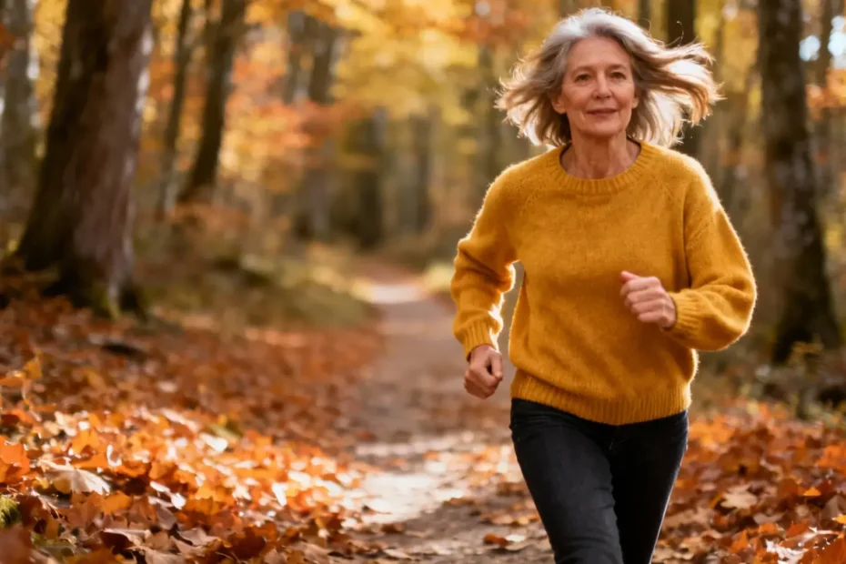 Femme d'âge mûr marchant rapidement sur un sentier forestier en automne, entourée d'arbres aux couleurs chaudes