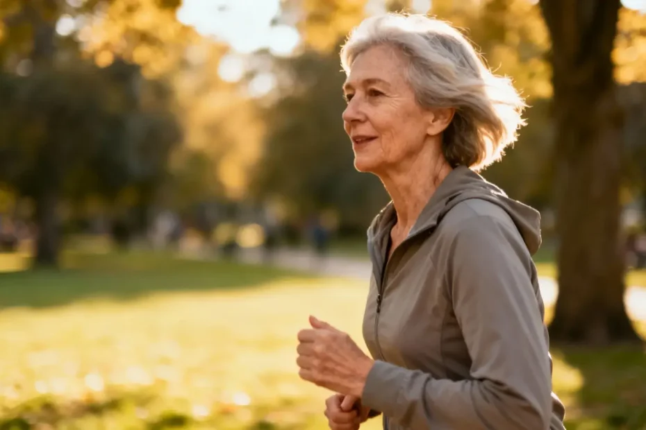 Femme âgée énergique marchant d'un pas vif dans un parc ensoleillé, souriante et déterminée