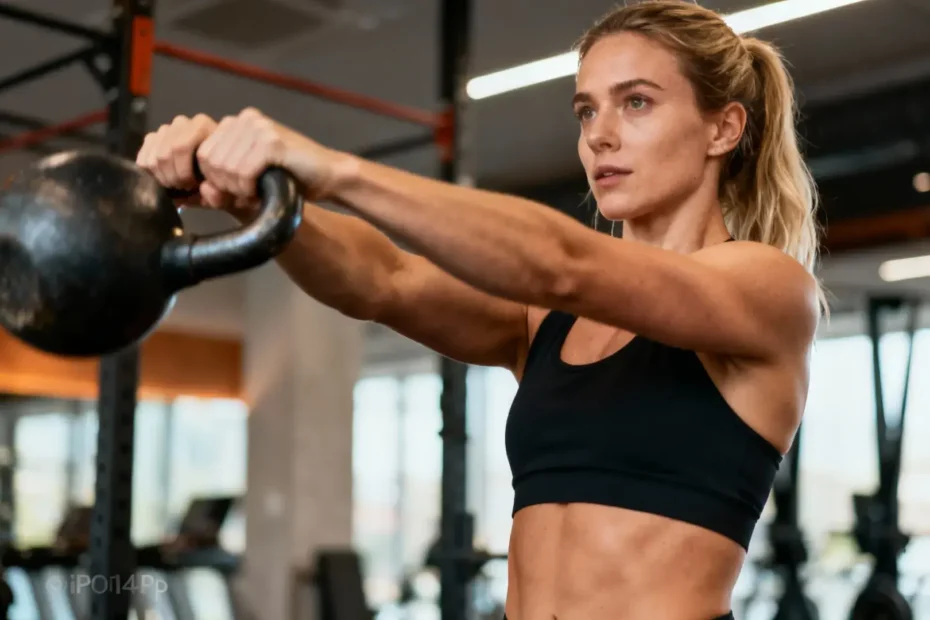 Femme athlétique en train de réaliser un swing avec kettlebell dans une salle de sport moderne, lumière naturelle
