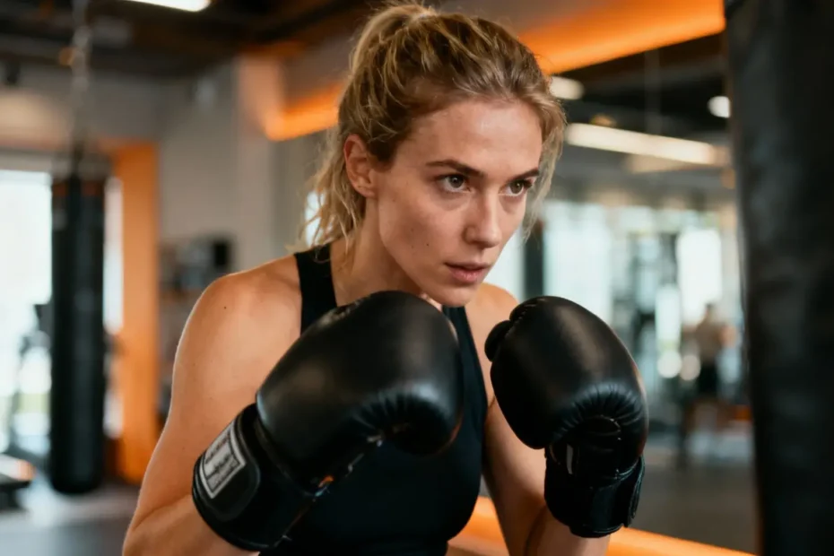 Femme européenne en pleine action de boxe dans une salle de sport moderne, montrant l'effort et la détermination