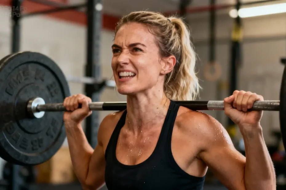 Femme européenne déterminée en train de soulever des poids dans un gymnase de crossfit avec éclairage naturel