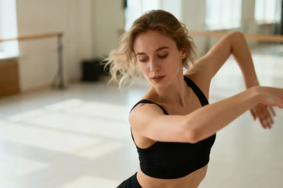 Femme européenne en mouvement de danse contemporaine dans un studio baigné de lumière naturelle