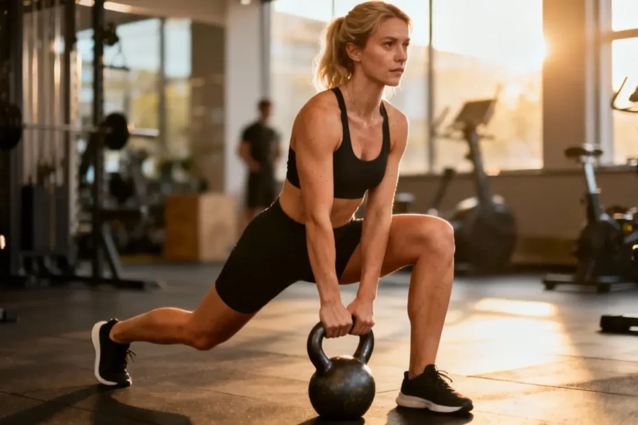 Femme sportive effectuant une fente avec kettlebell dans une salle de sport moderne, en pleine concentration