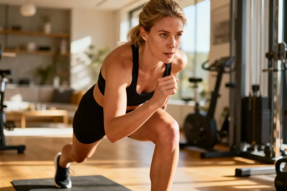 Femme en forme effectuant l'exercice mountain climber debout dans une salle de sport moderne et lumineuse