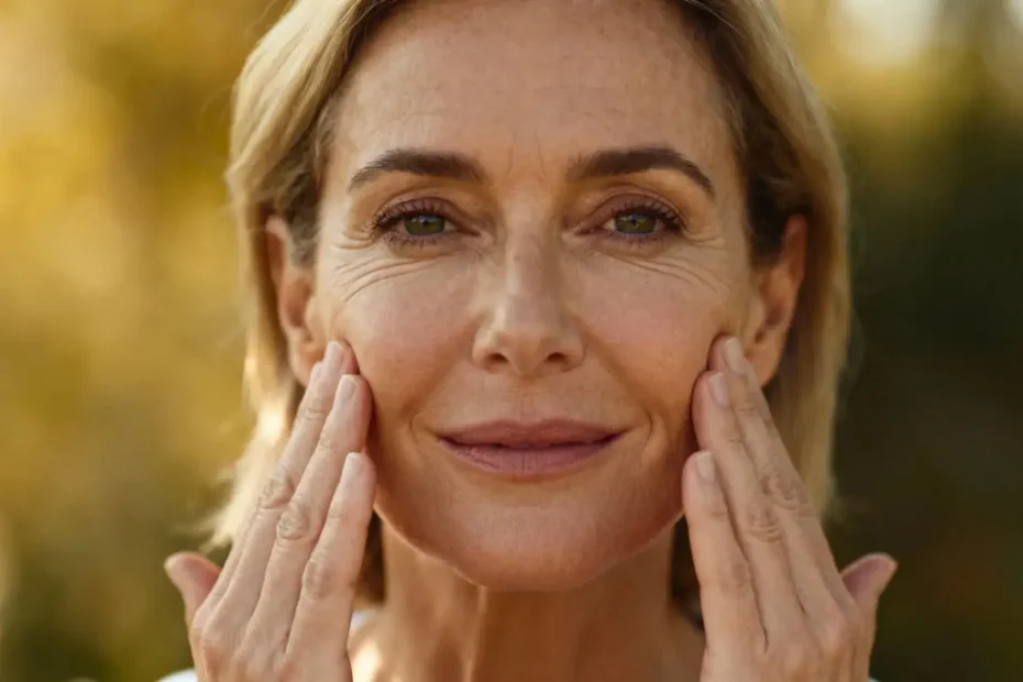 Femme souriante effectuant des exercices faciaux avec les mains pour raffermir la peau du visage