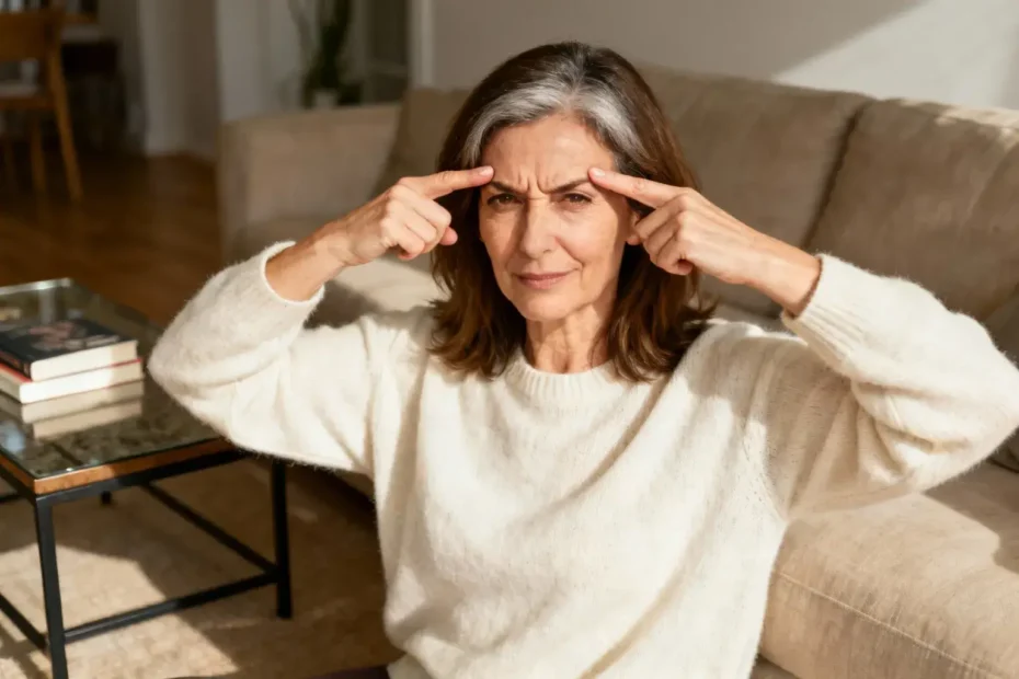 Femme de 45 ans avec cheveux bruns effectuant un exercice de face yoga en appuyant sur son front