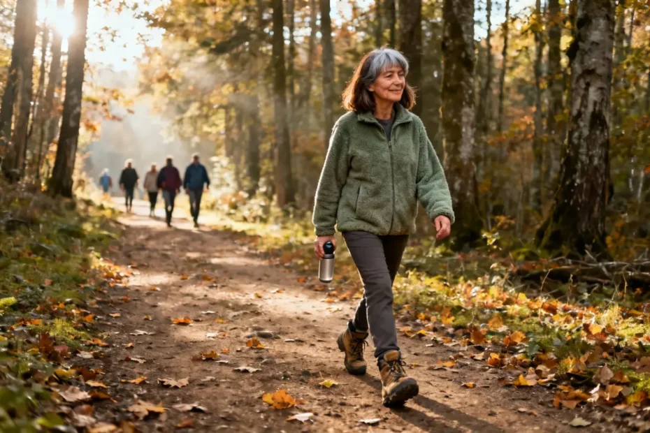 Femme de 50 ans marchant paisiblement sur un sentier forestier par une matinée d'automne, souriant légèrement