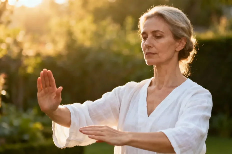 Femme européenne pratiquant des mouvements de tai chi et méditation dans une lumière matinale douce