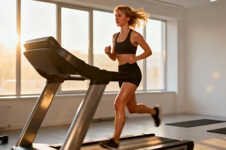 Femme européenne en tenue d’athlétisme courant sur tapis de course dans une salle de sport moderne