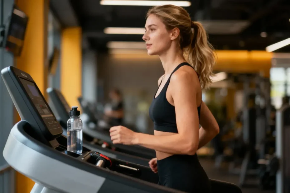 Jeune femme confiante marchant sur un tapis roulant incliné dans une salle de sport moderne