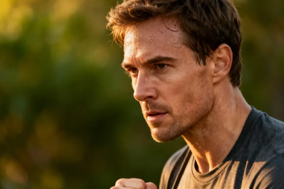 Homme européen concentré faisant des exercices de mâchoire pour améliorer sa force musculaire