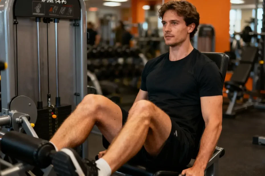Un homme effectuant des extensions de jambes sur une machine de musculation, avec une attention particulière sur l'alignement des genoux