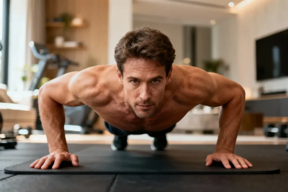 Homme européen musclé effectuant des pompes dans une salle de sport moderne avec éclairage naturel