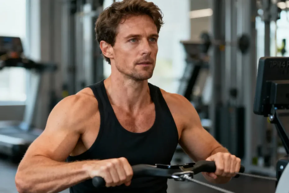 Homme européen utilisant une machine à ramer avec une position d'épaule correcte dans une salle de sport moderne