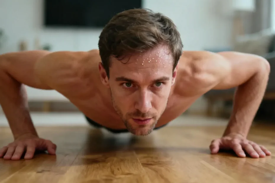 Homme européen musclé effectuant des pompes sur un parquet en bois, avec une lumière naturelle douce