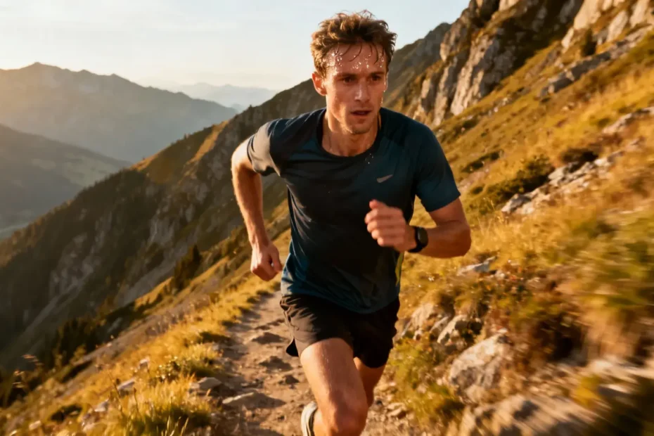 Coureur déterminé en sueur s'entraînant sur un sentier de montagne escarpé avec lumière naturelle et tons dorés