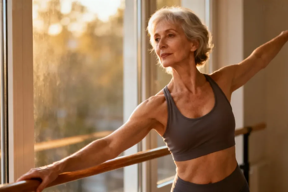Femme élégante de 50 ans en tenue sportive réalisant des mouvements de barre devant une fenêtre avec lumière naturelle