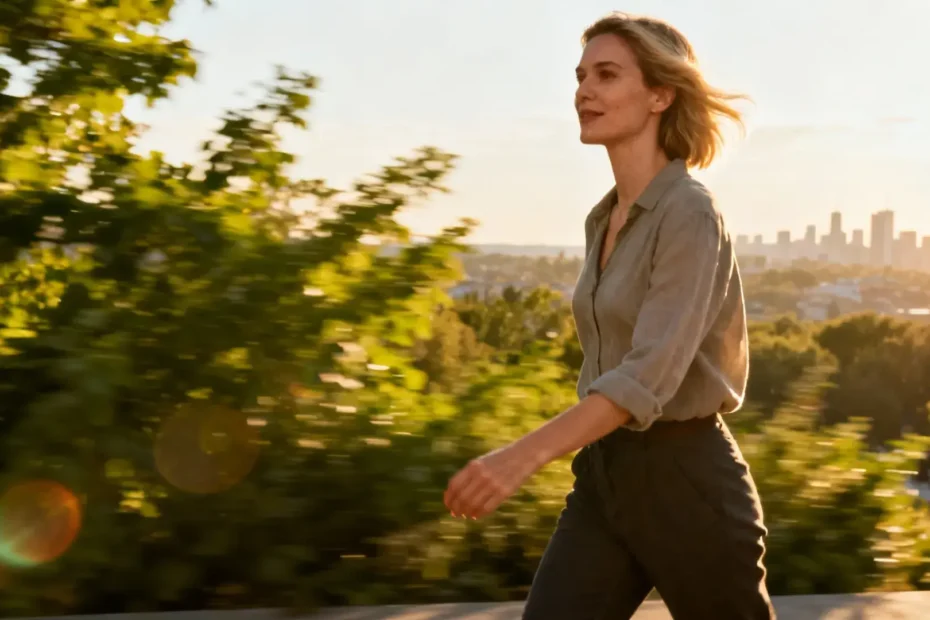 Jeune femme européenne marchant d'un pas dynamique en extérieur lors de sa pause déjeuner pour se ressourcer