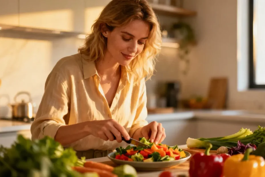 Femme européenne préparant un repas coloré et sain dans une cuisine moderne lumineuse avec des légumes frais