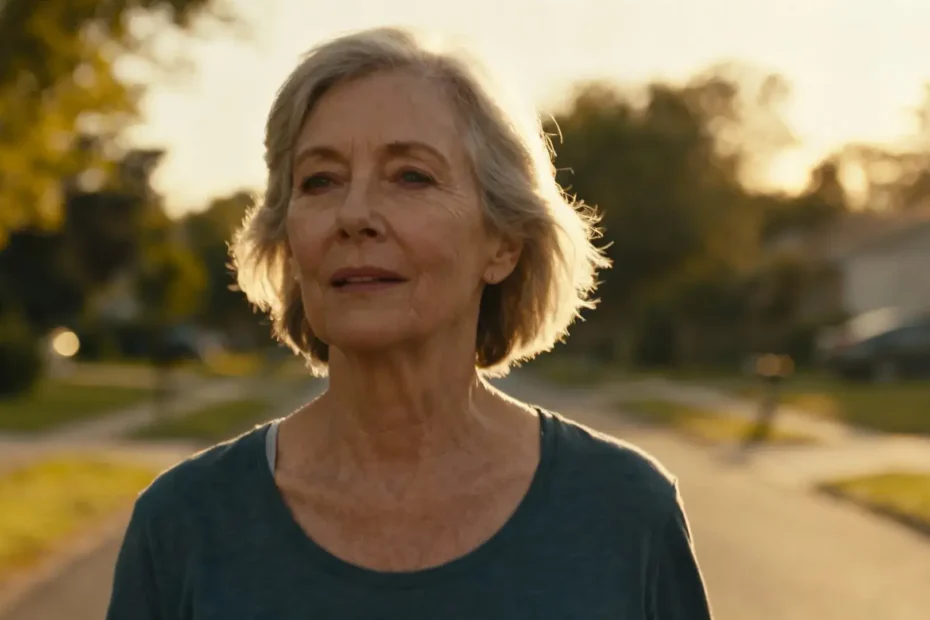 Femme âgée marchant avec énergie sur un chemin de quartier baigné de lumière matinale dorée