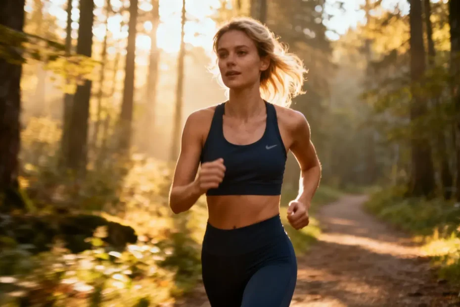 Femme européenne en tenue athlétique marchant sur un chemin forestier baigné de lumière matinale
