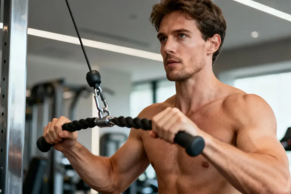 Personne effectuant des abdos avec câbles en salle de sport, technique optimisée selon recherche scientifique