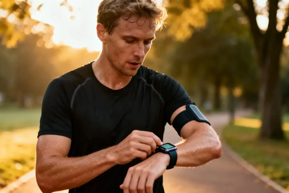 Personne courant lentement sur un sentier forestier ensoleillé, montrant l'endurance en course à pied