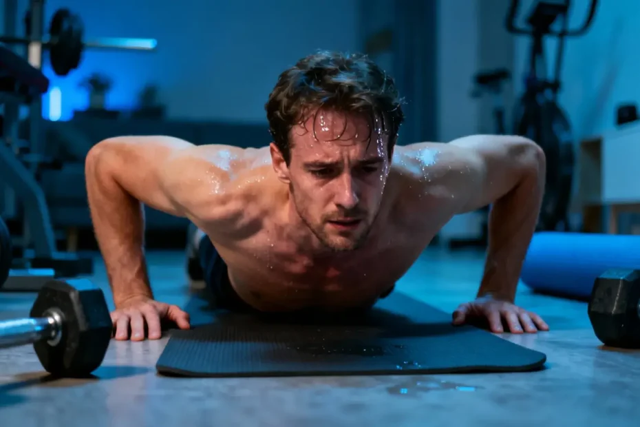 Homme musclé en tenue de sport effectuant des pompes militaires sur un terrain d'entraînement