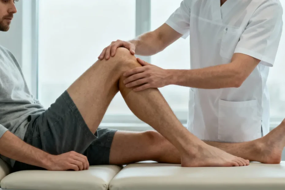 Athlète souffrant de douleur au genou pendant une séance de rééducation avec kinésithérapeute
