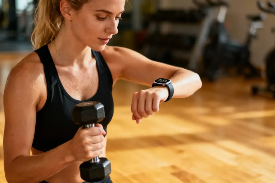 Smartphone affichant une application de gym avec une personne en train de s'entraîner à côté