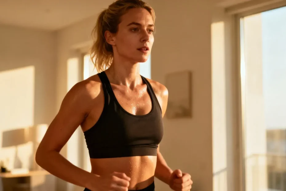 Personne effectuant des exercices debout dans son salon pour brûler des graisses sans matériel