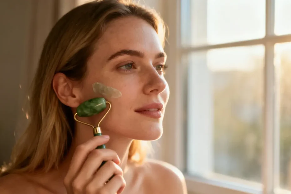 Jeune femme effectuant des exercices de face yoga devant un miroir dans une pièce lumineuse