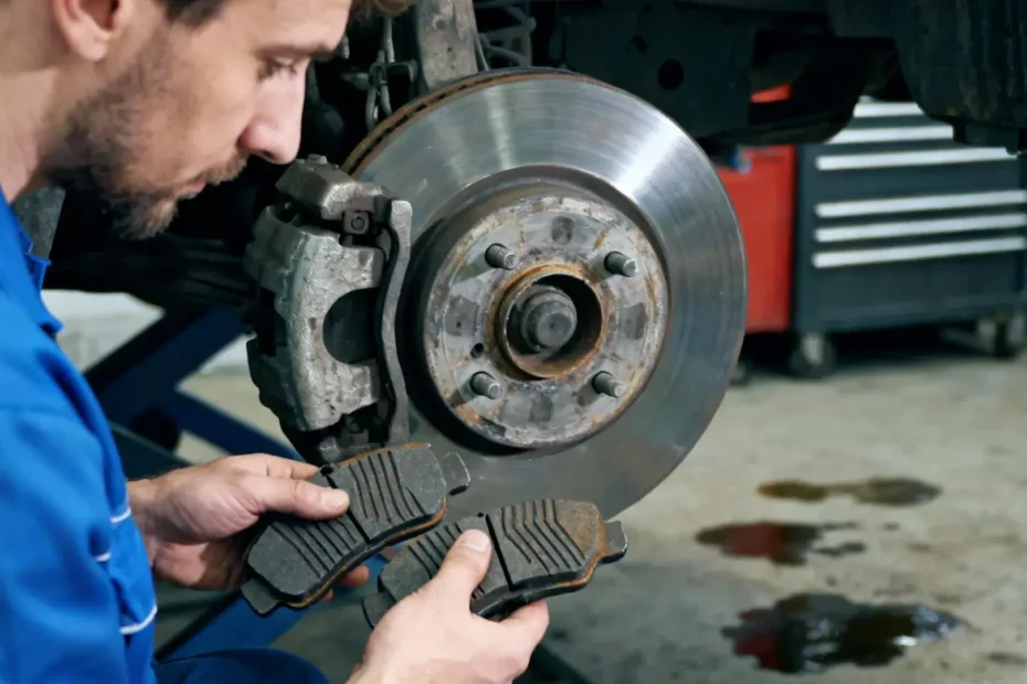 Disque de frein de voiture fortement usé avec rayures profondes et plaquettes de frein usées