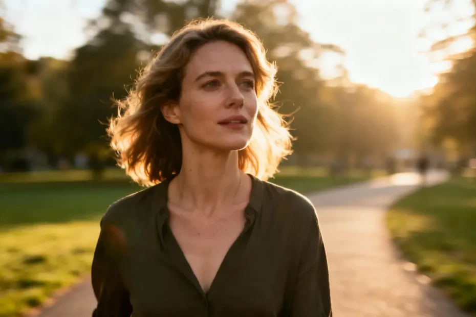 Jeune femme active marchant d'un pas dynamique en forêt, souriante, pour stimuler son drainage lymphatique naturellement