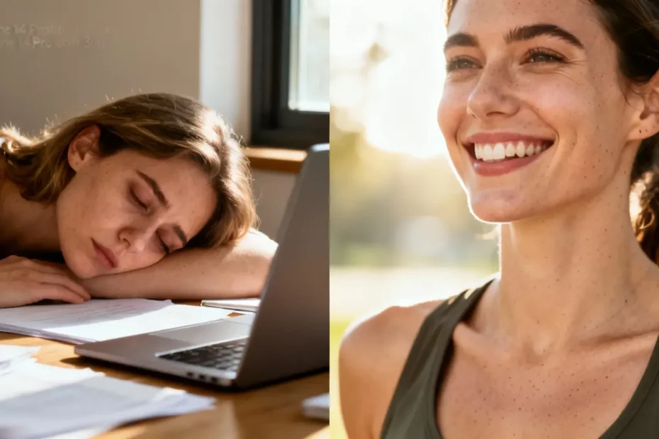 Jeune adulte marchant dans un parc ensoleillé le matin avec un sourire, montrant l'effet énergisant de la marche