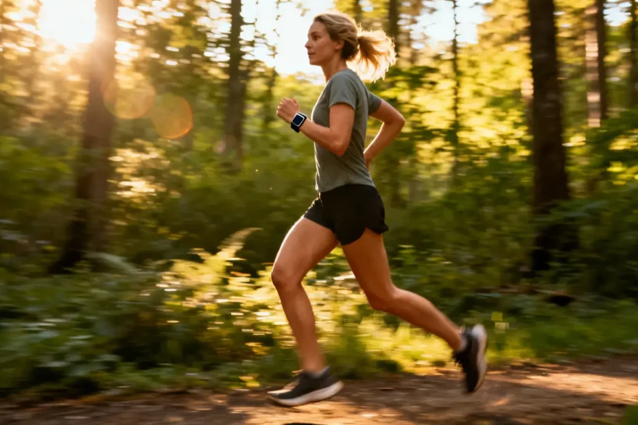 Personne marchant dans un parc avec podomètre au poignet, symbolisant l'étude sur les pas quotidiens