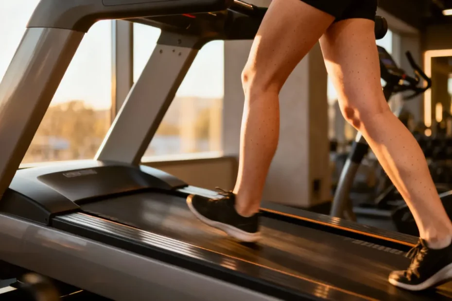 Jeune femme souriante marchant rapidement dans un parc, vêtue d'une tenue de sport rouge