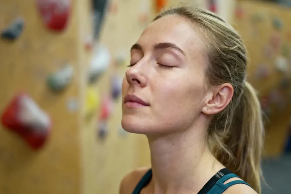 Grimpeur assis les yeux fermés en train de visualiser son parcours d'escalade avant de commencer