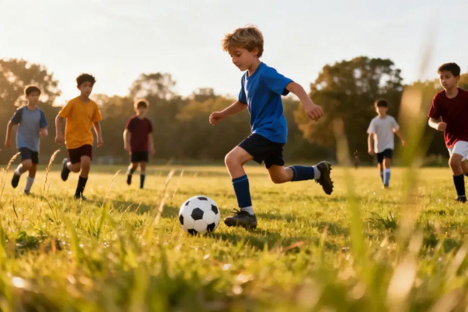 Enfant courant dans un parc avec des adultes étudiant à proximité, illustrant le lien entre activité physique et mémoire