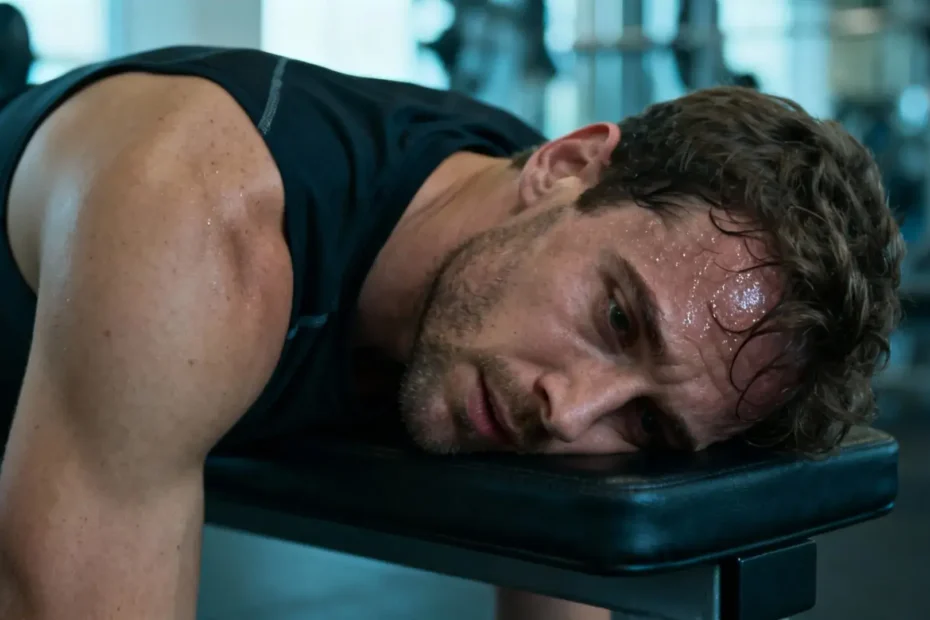 Homme fatigué assis après un entraînement de musculation, montrant des signes de fatigue musculaire extrême