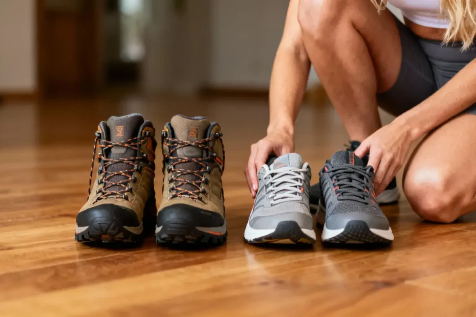 Personne en train de randonner en montagne et personne soulevant des haltères en salle de sport